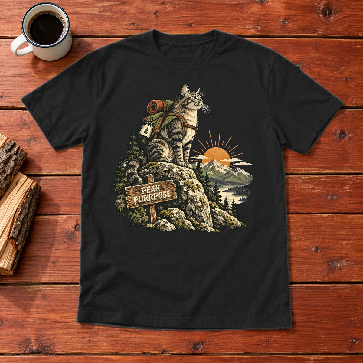 Peak Purrpose Hiking Cat Graphic Tee on Black Everyday Soft Tee