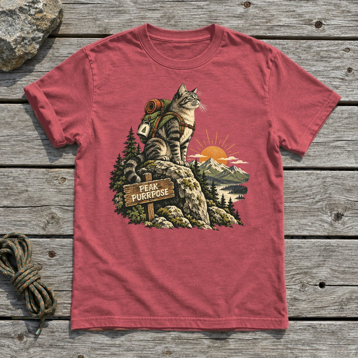Peak Purrpose Hiking Cat Graphic Tee on Heather Red Everyday Soft Tee