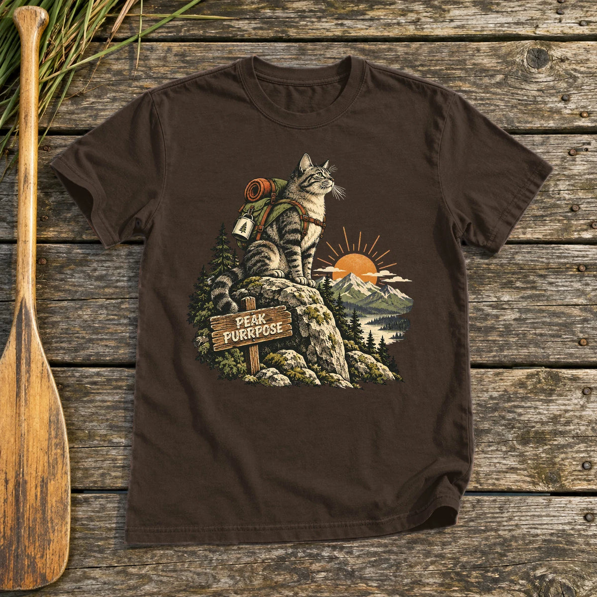 Peak Purrpose Hiking Cat Graphic Tee on Dark Chocolate Everyday Soft Tee
