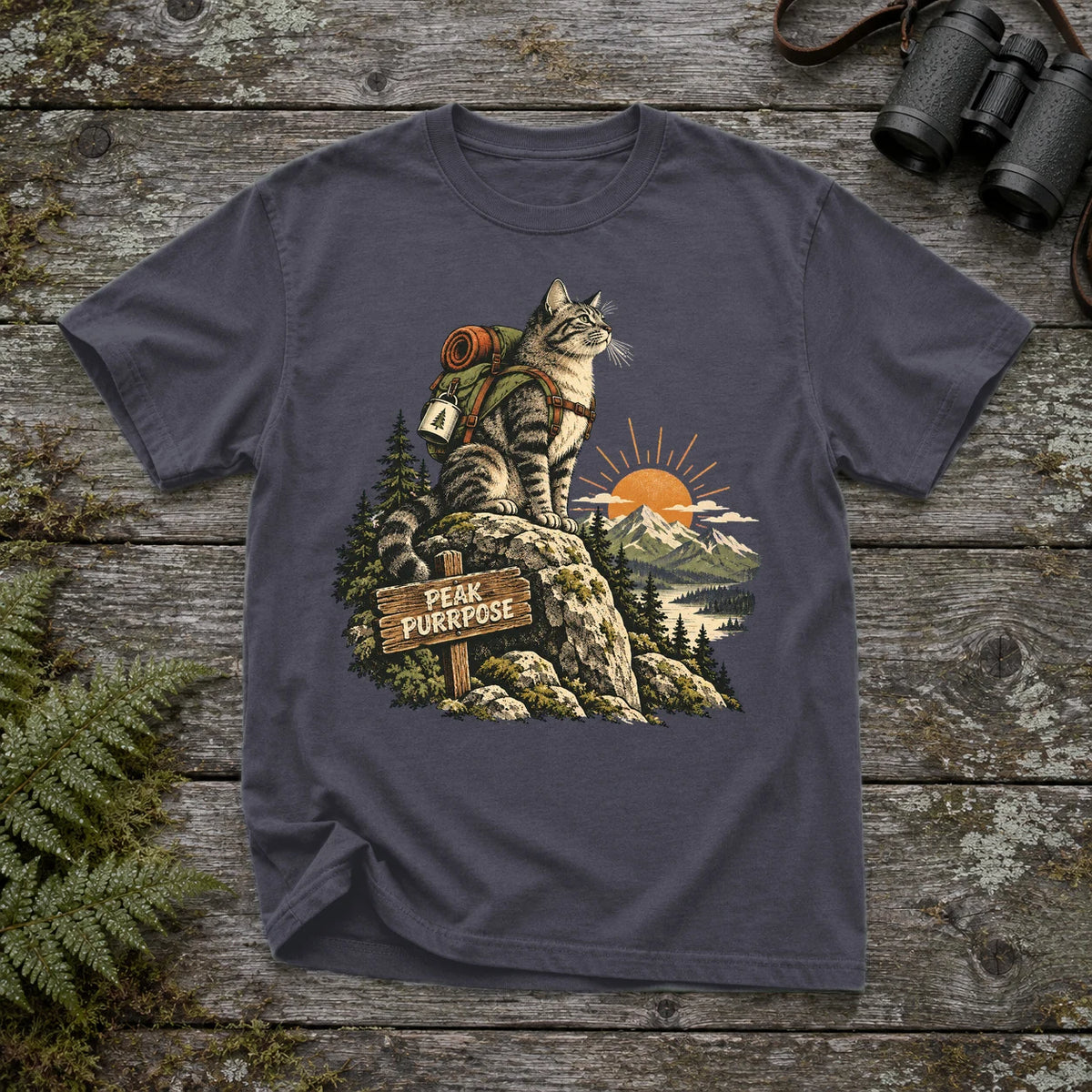 Peak Purrpose Hiking Cat Graphic Tee on Navy Premium Tee