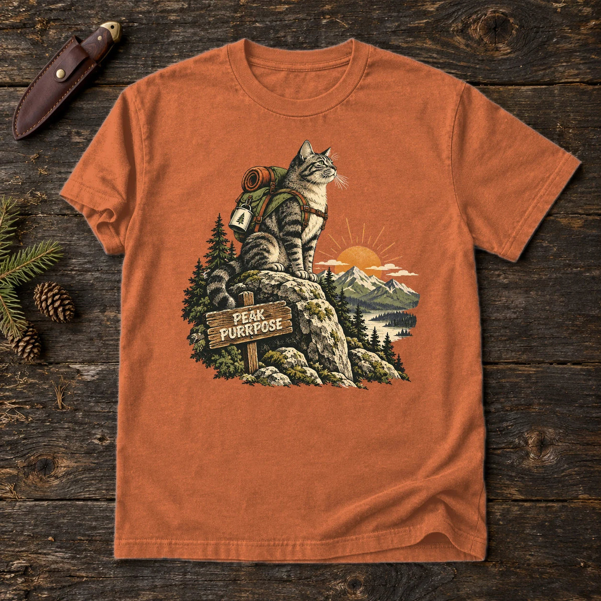 Peak Purrpose Hiking Cat Graphic Tee on Yam Premium Tee