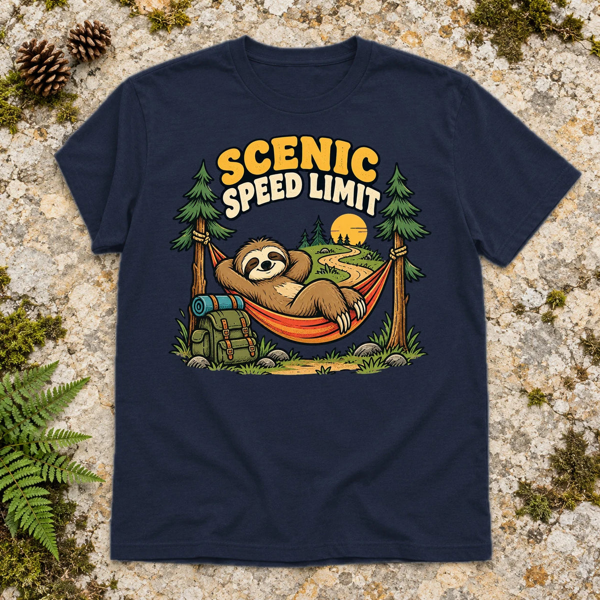 Scenic Speed Limit Sloth Graphic Tee on Navy Everyday Soft Tee