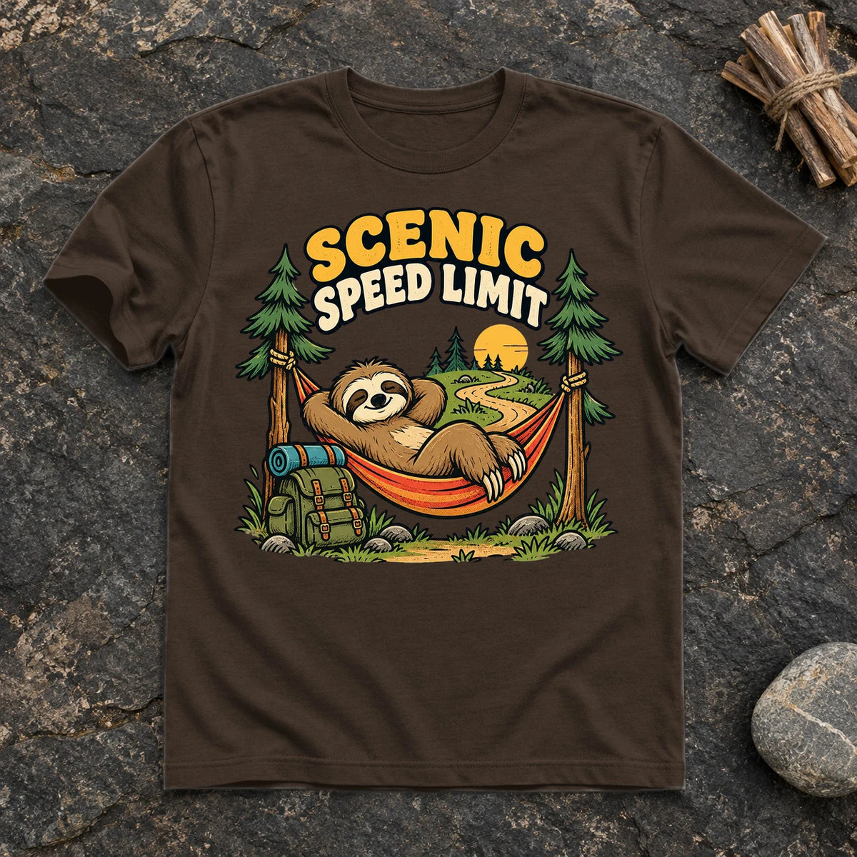 Scenic Speed Limit Sloth Graphic Tee on Dark Chocolate Everyday Soft Tee