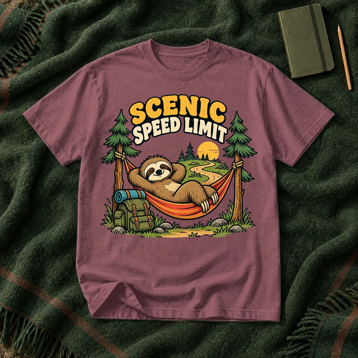 Scenic Speed Limit Sloth Graphic Tee on Brick Premium Tee