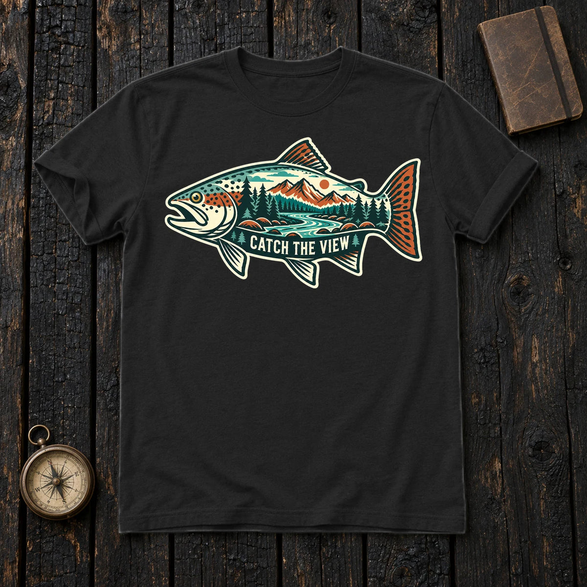 Catch The View Trout Graphic Tee on Black Everyday Soft Tee