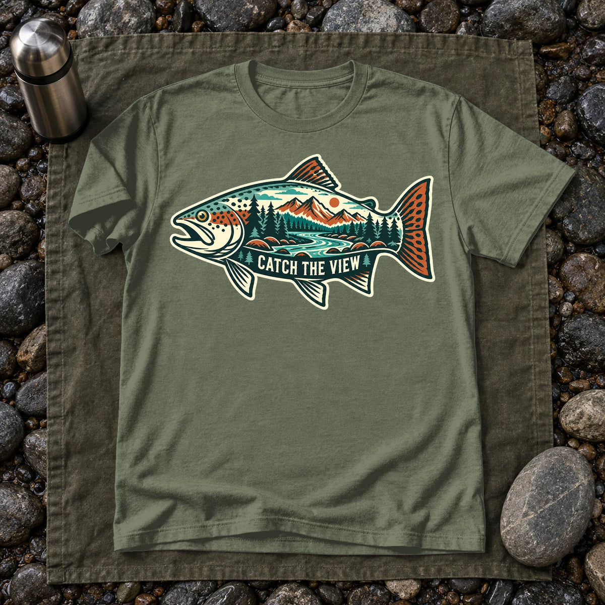 Catch The View Trout Graphic Tee on Military Green Everyday Soft Tee