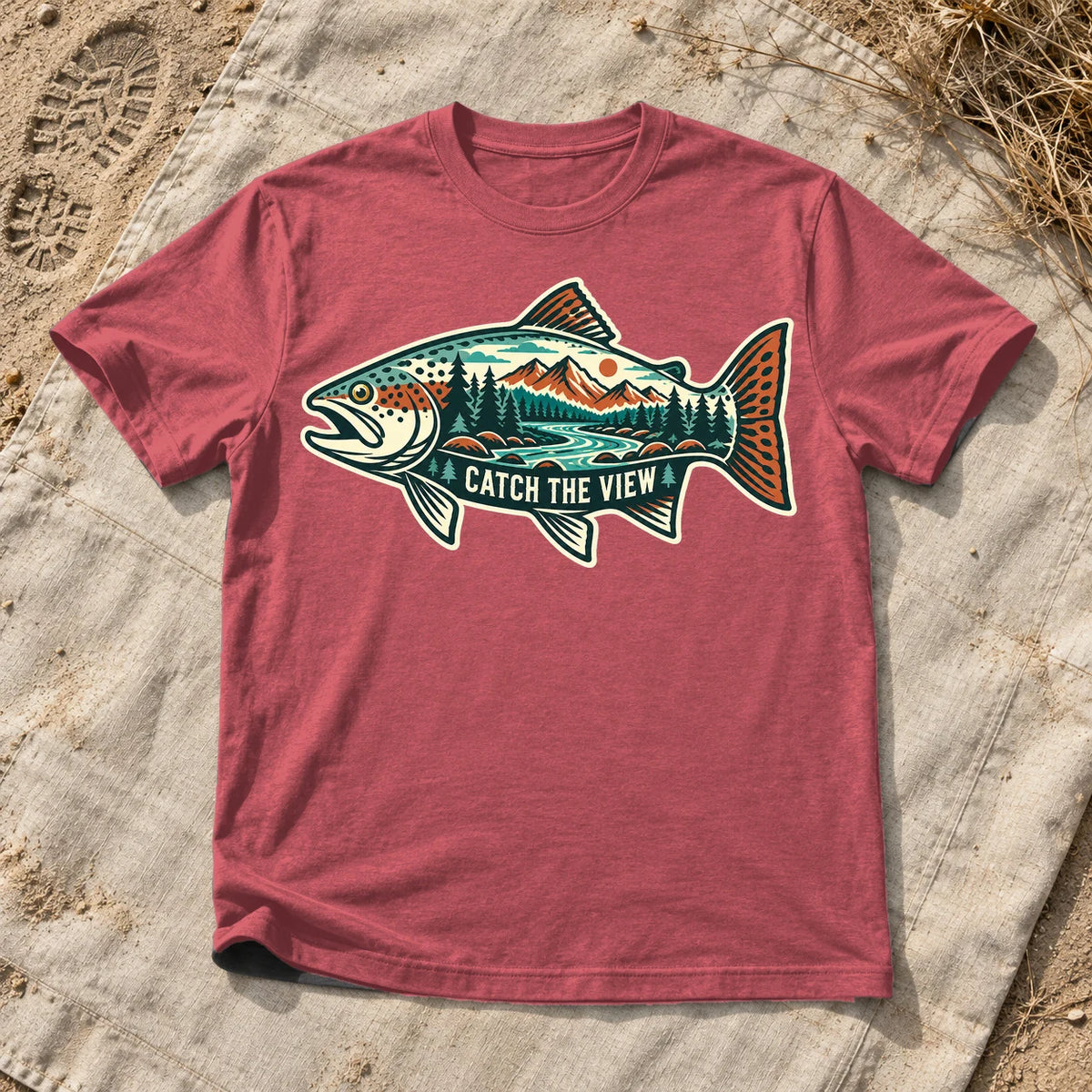 Catch The View Trout Graphic Tee on Heather Red Everyday Soft Tee