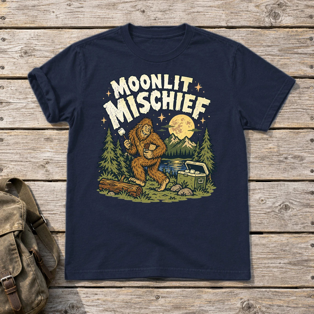 Moonlit Mischief Bigfoot Graphic Tee on Navy Everyday Soft Tee