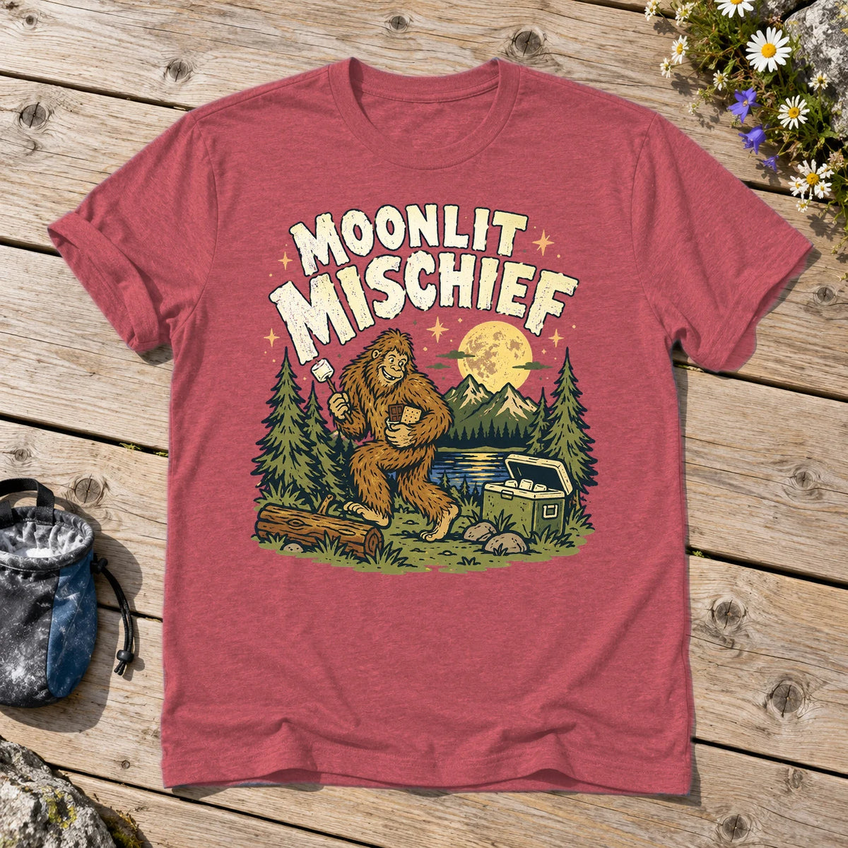 Moonlit Mischief Bigfoot Graphic Tee on Heather Red Everyday Soft Tee