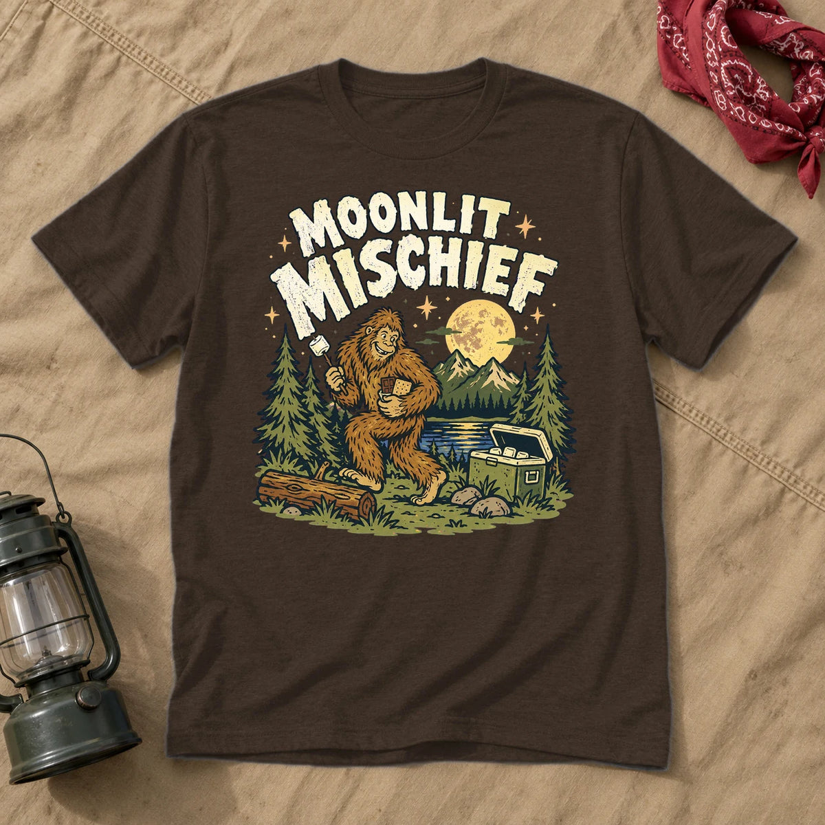 Moonlit Mischief Bigfoot Graphic Tee on Dark Chocolate Everyday Soft Tee