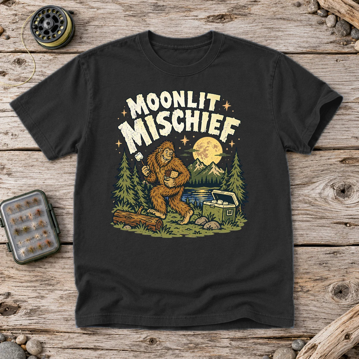 Moonlit Mischief Bigfoot Graphic Tee on Black Premium Tee