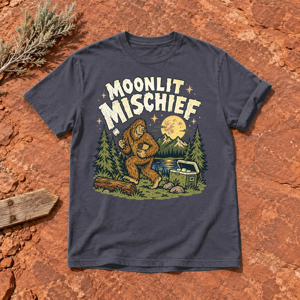 Moonlit Mischief Bigfoot Graphic Tee on Navy Premium Tee