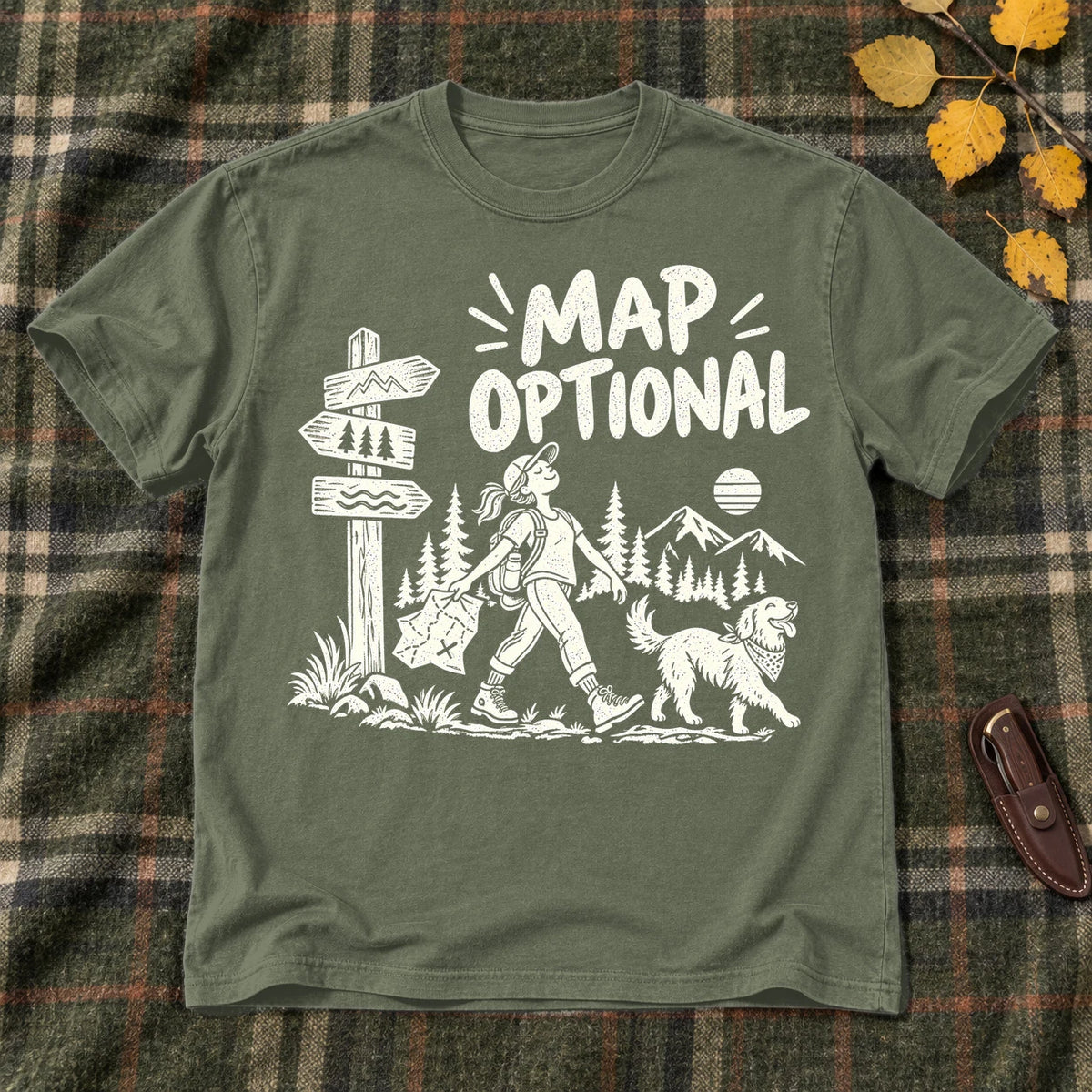 Map Optional Hiking Graphic Tee on Military Green Everyday Soft Tee