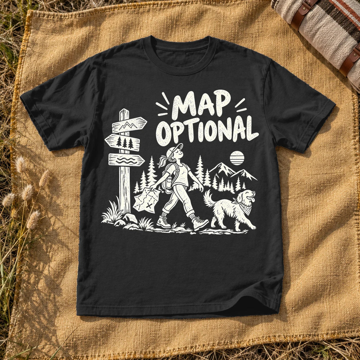 Map Optional Hiking Graphic Tee on Black Premium Tee