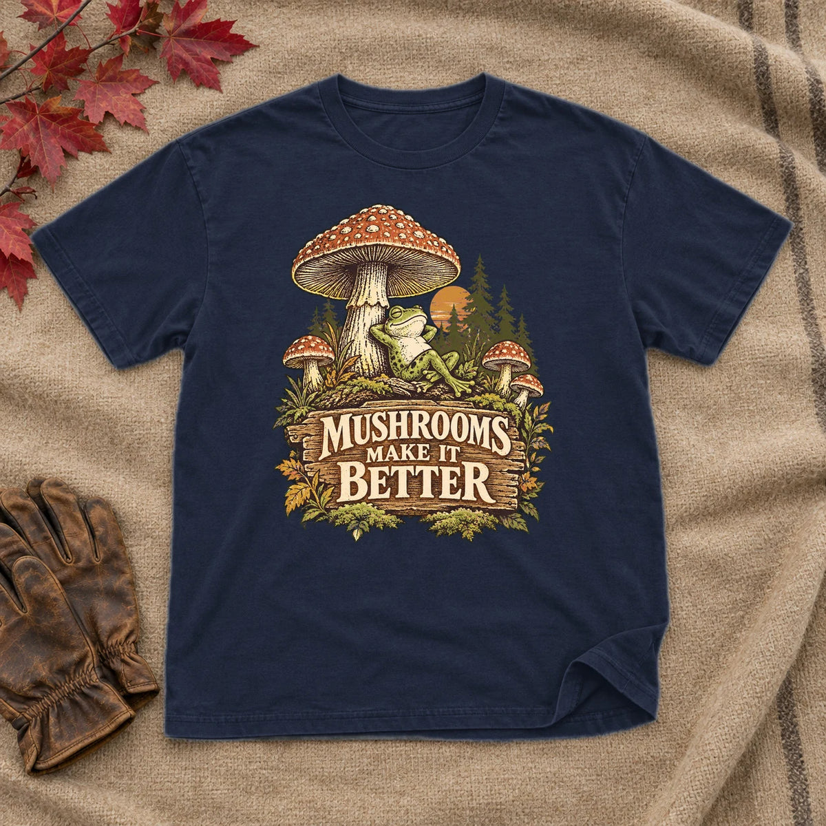 Mushrooms Make It Better Frog Graphic Tee on Navy Everyday Soft Tee