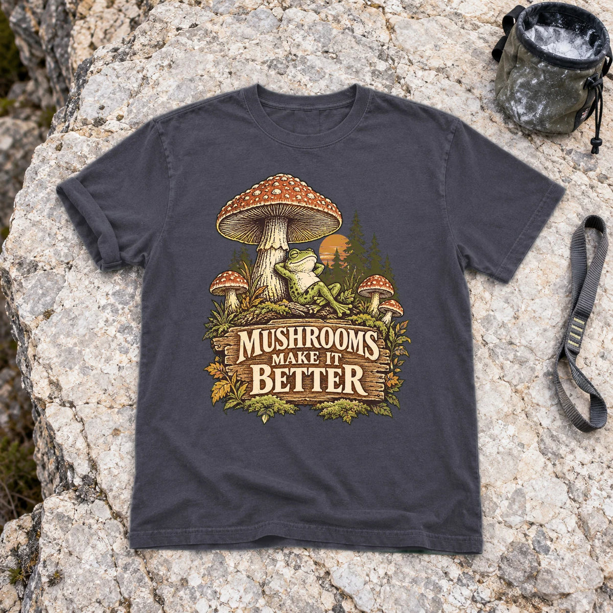 Mushrooms Make It Better Frog Graphic Tee on Navy Premium Tee