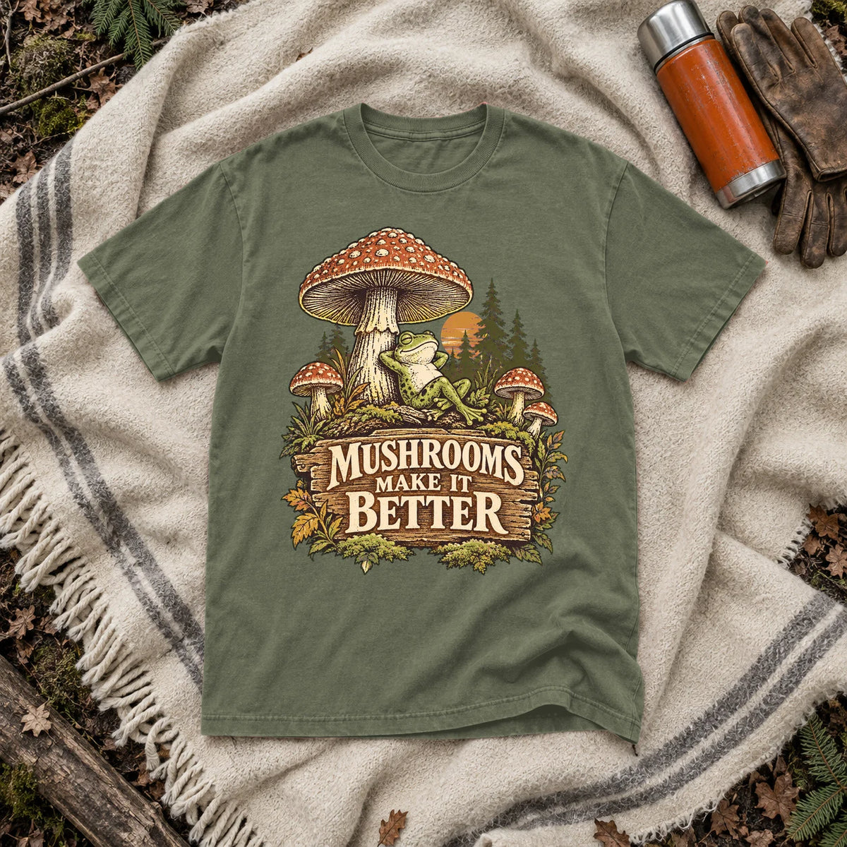 Mushrooms Make It Better Frog Graphic Tee on Moss Premium Tee