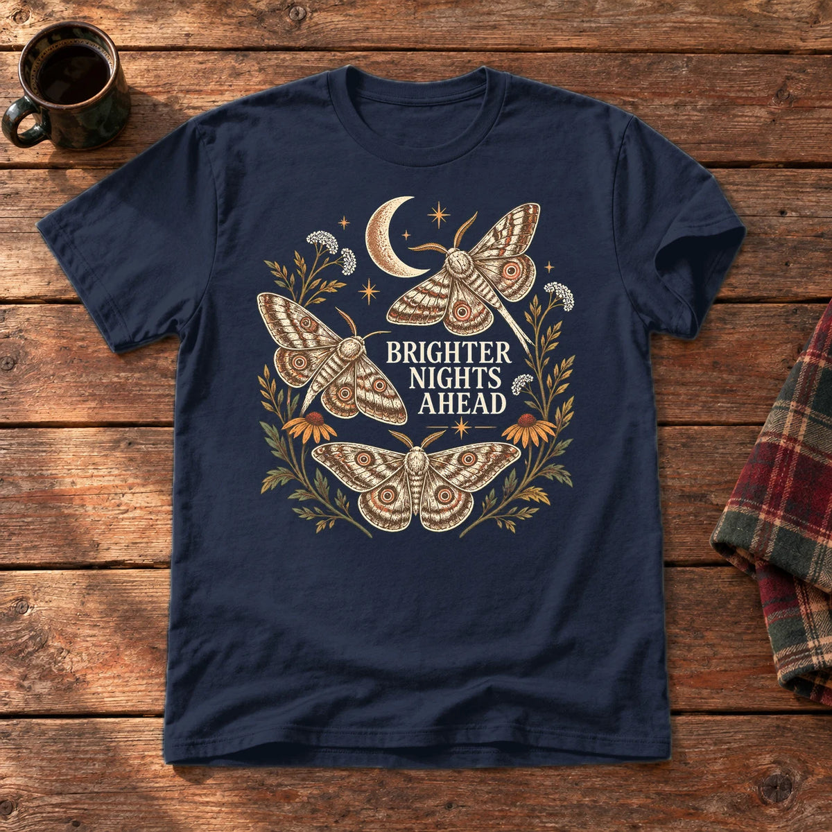Brighter Nights Ahead Moth Graphic Tee on Navy Everyday Soft Tee