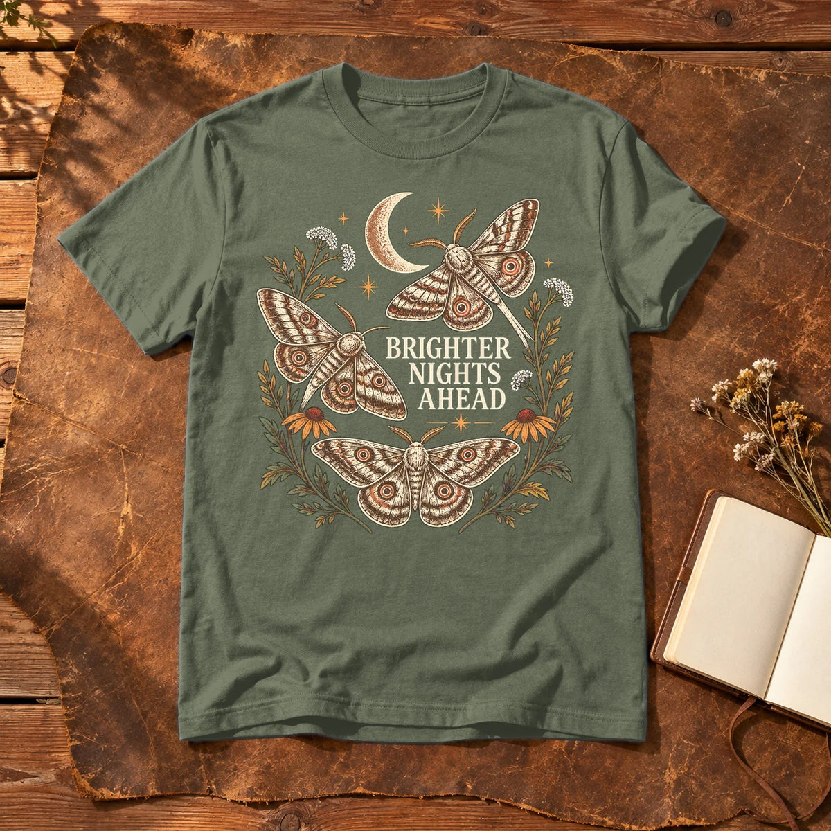 Brighter Nights Ahead Moth Graphic Tee on Military Green Everyday Soft Tee