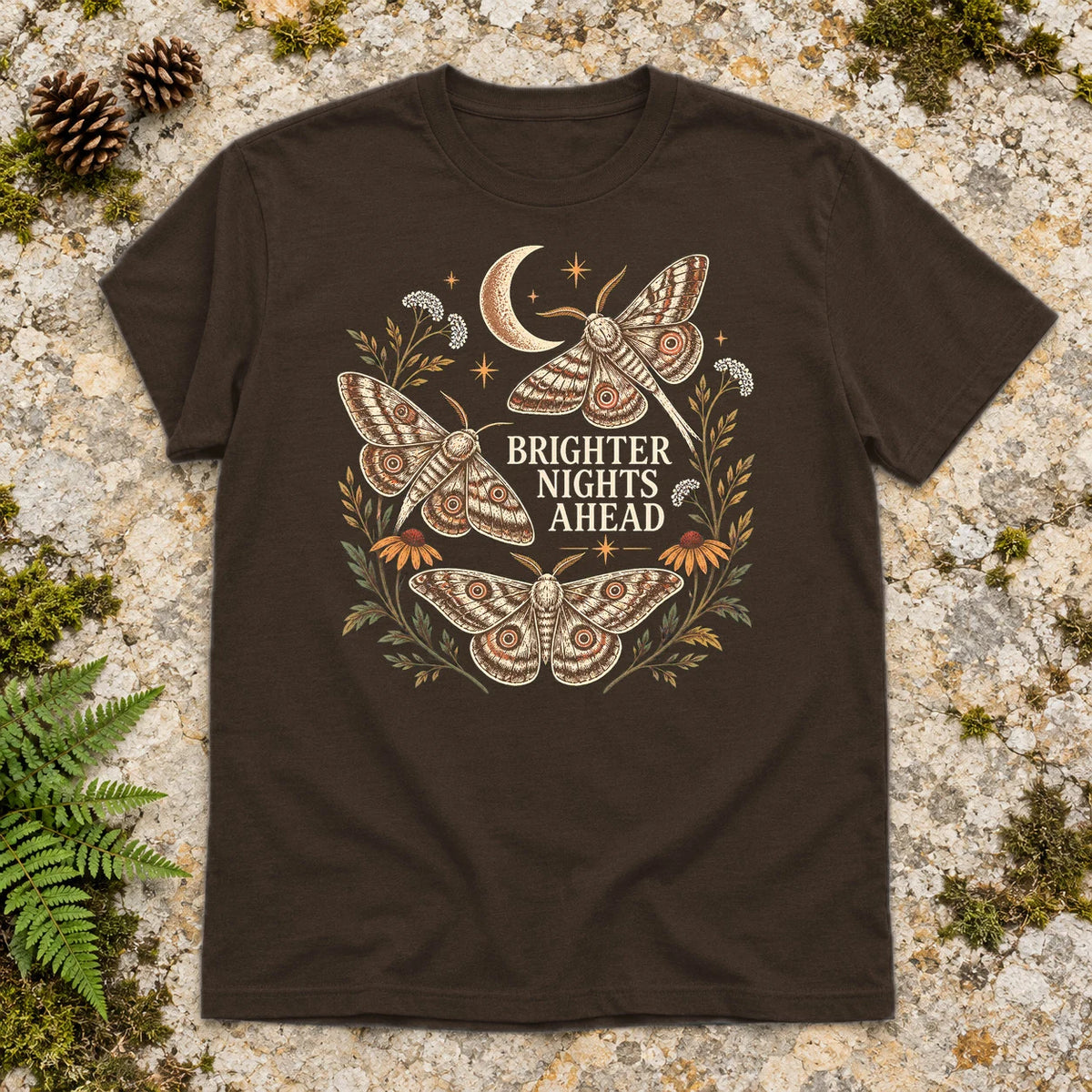 Brighter Nights Ahead Moth Graphic Tee on Dark Chocolate Everyday Soft Tee