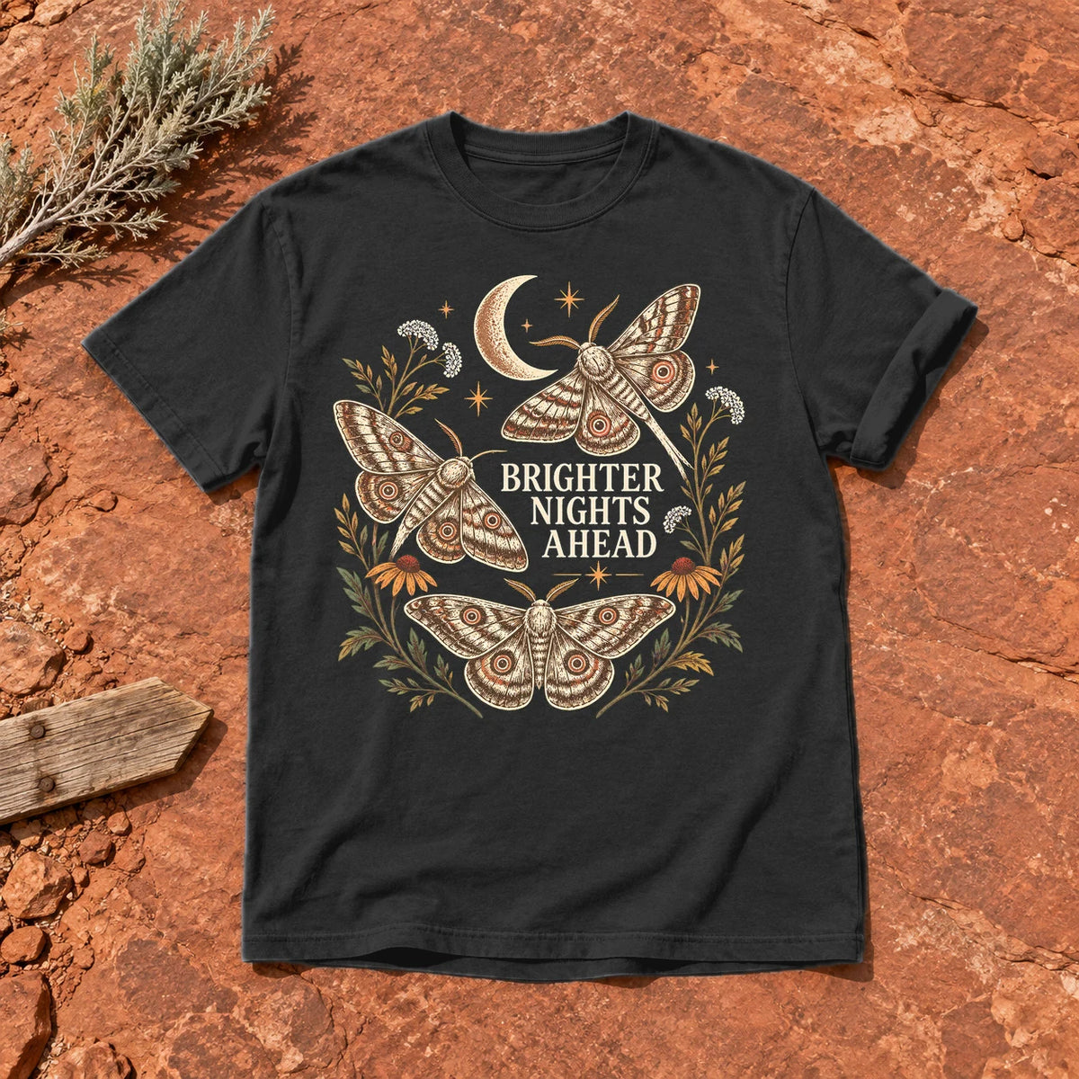 Brighter Nights Ahead Moth Graphic Tee on Black Premium Tee
