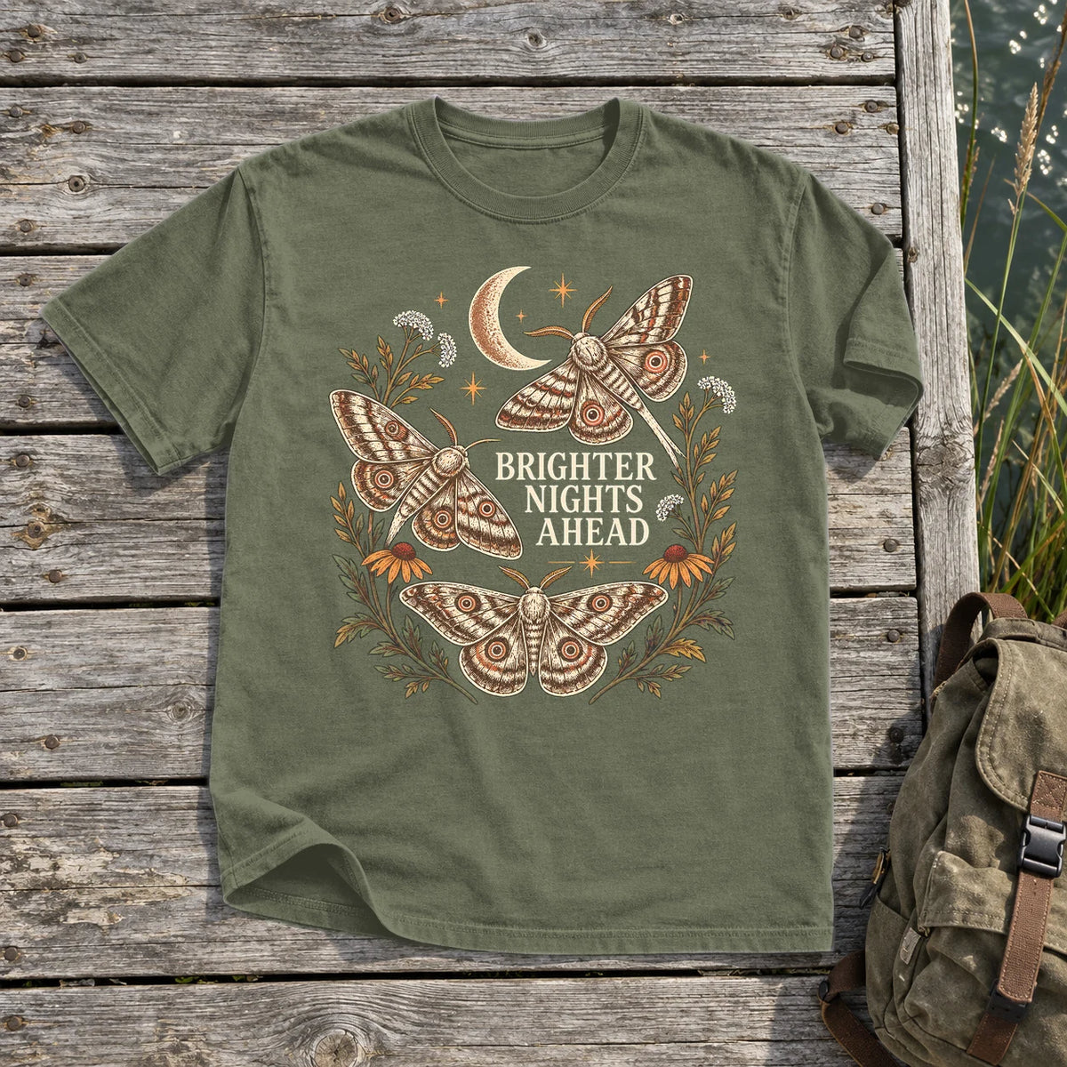 Brighter Nights Ahead Moth Graphic Tee on Moss Premium Tee