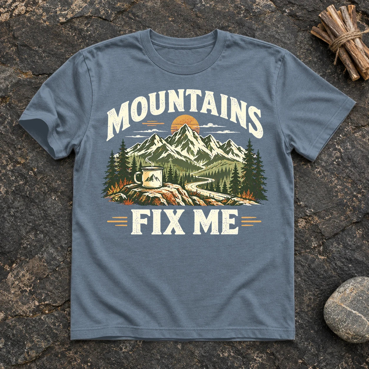 Mountains Fix Me Vintage Graphic Tee on Heather Indigo Everyday Soft Tee