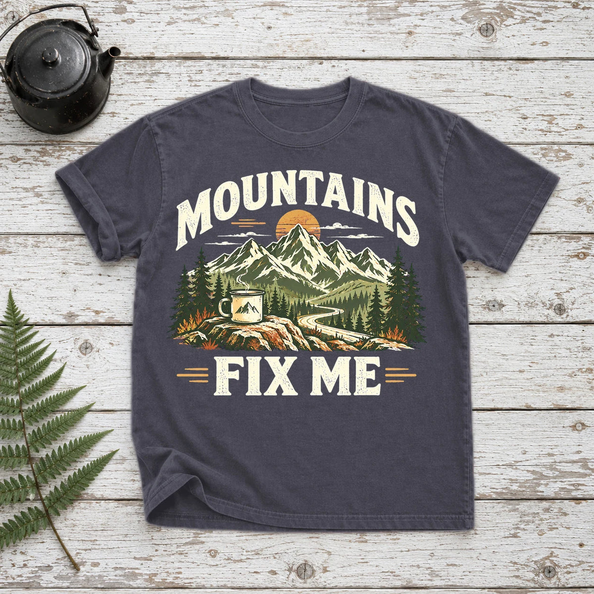 Mountains Fix Me Vintage Graphic Tee on Navy Premium Tee