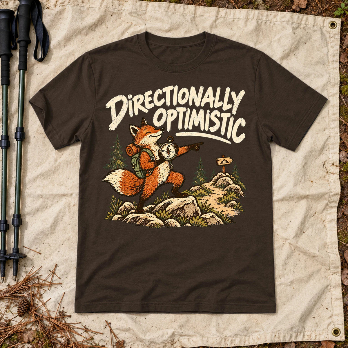 Directionally Optimistic Fox Graphic Tee on Dark Chocolate Everyday Soft Tee