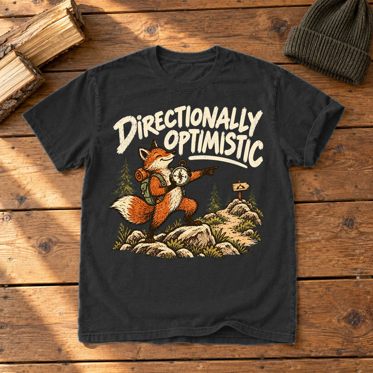 Directionally Optimistic Fox Graphic Tee on Black Premium Tee