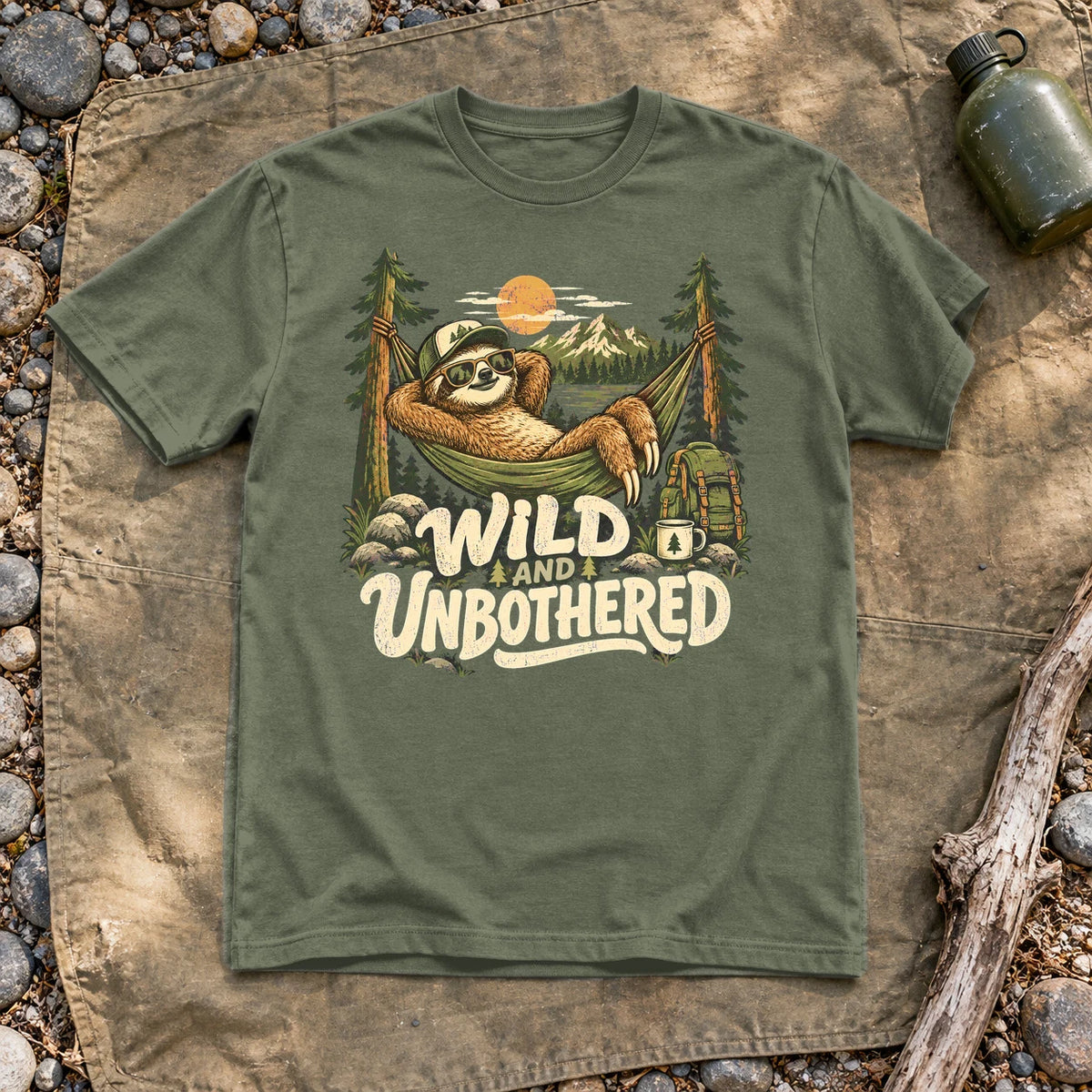 Wild & Unbothered Sloth Graphic Tee on Military Green Everyday Soft Tee