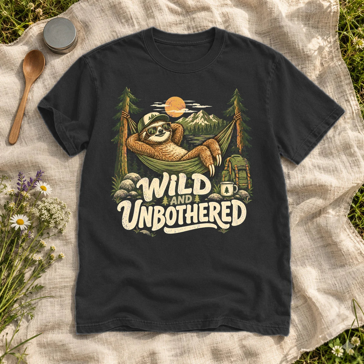 Wild & Unbothered Sloth Graphic Tee on Black Premium Tee