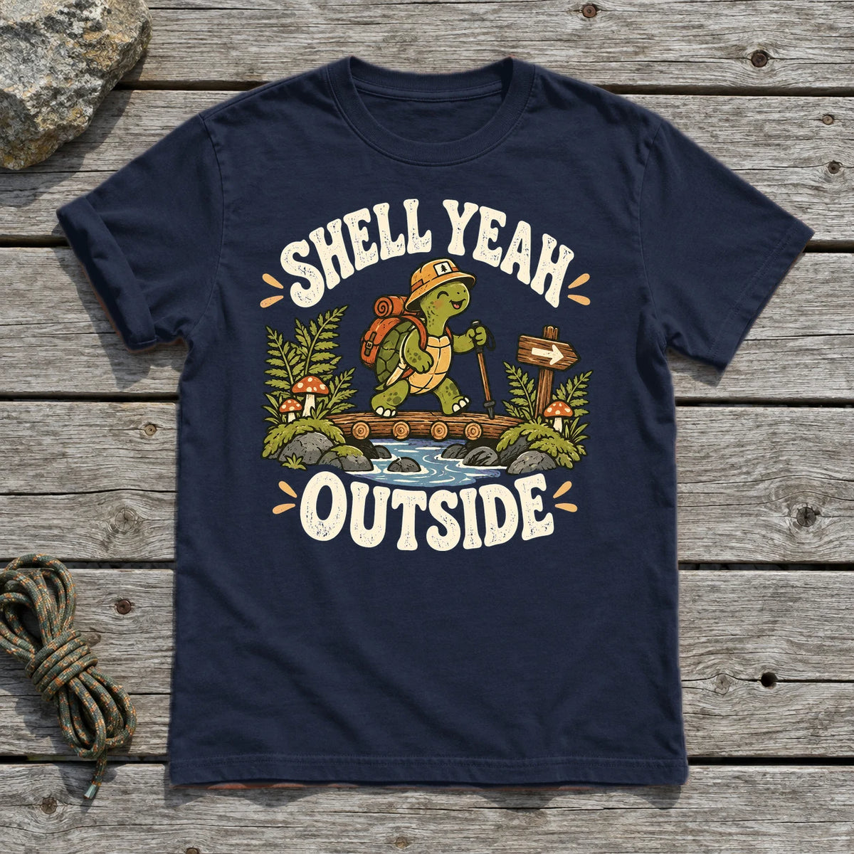 Shell Yeah Outside Hiking Turtle Graphic Tee on Navy Everyday Soft Tee