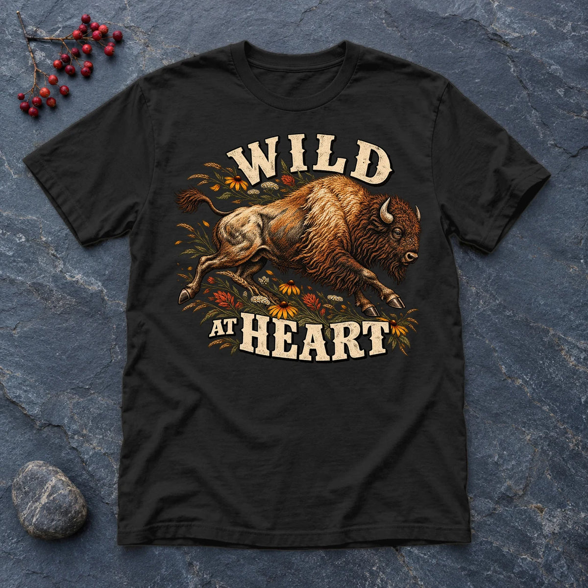 Wild at Heart Bison Graphic Tee on Black Everyday Soft Tee