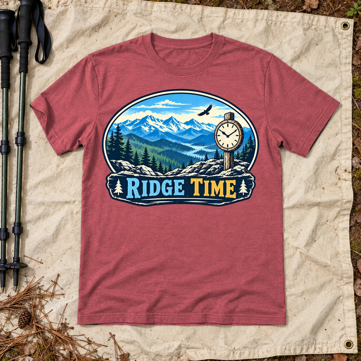 Ridge Time Vintage Mountain Graphic Tee on Heather Red Everyday Soft Tee