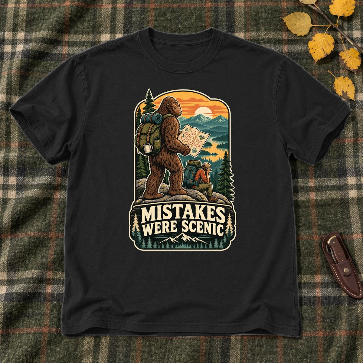 Mistakes Were Scenic Bigfoot Graphic Tee on Black Everyday Soft Tee
