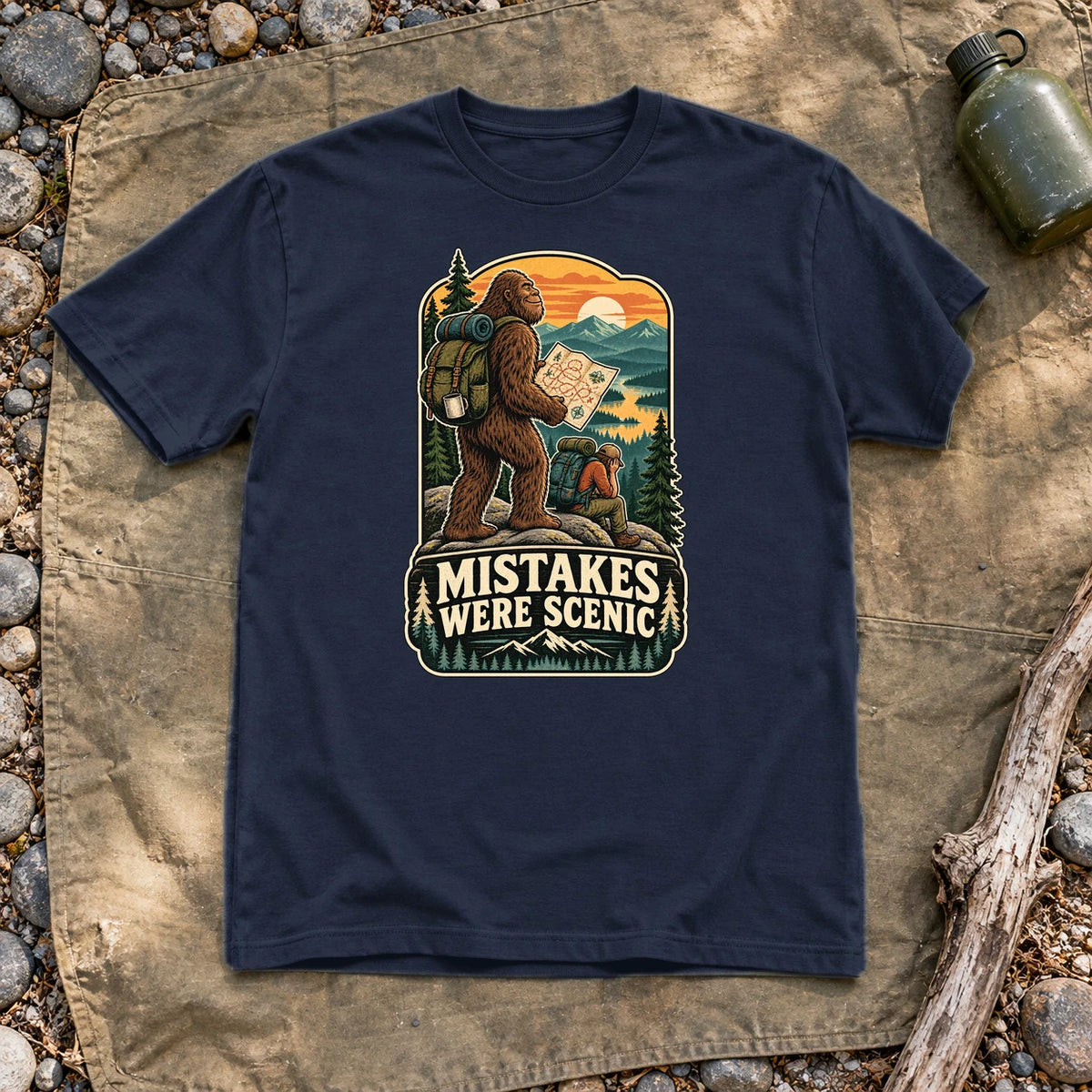Mistakes Were Scenic Bigfoot Graphic Tee on Navy Everyday Soft Tee