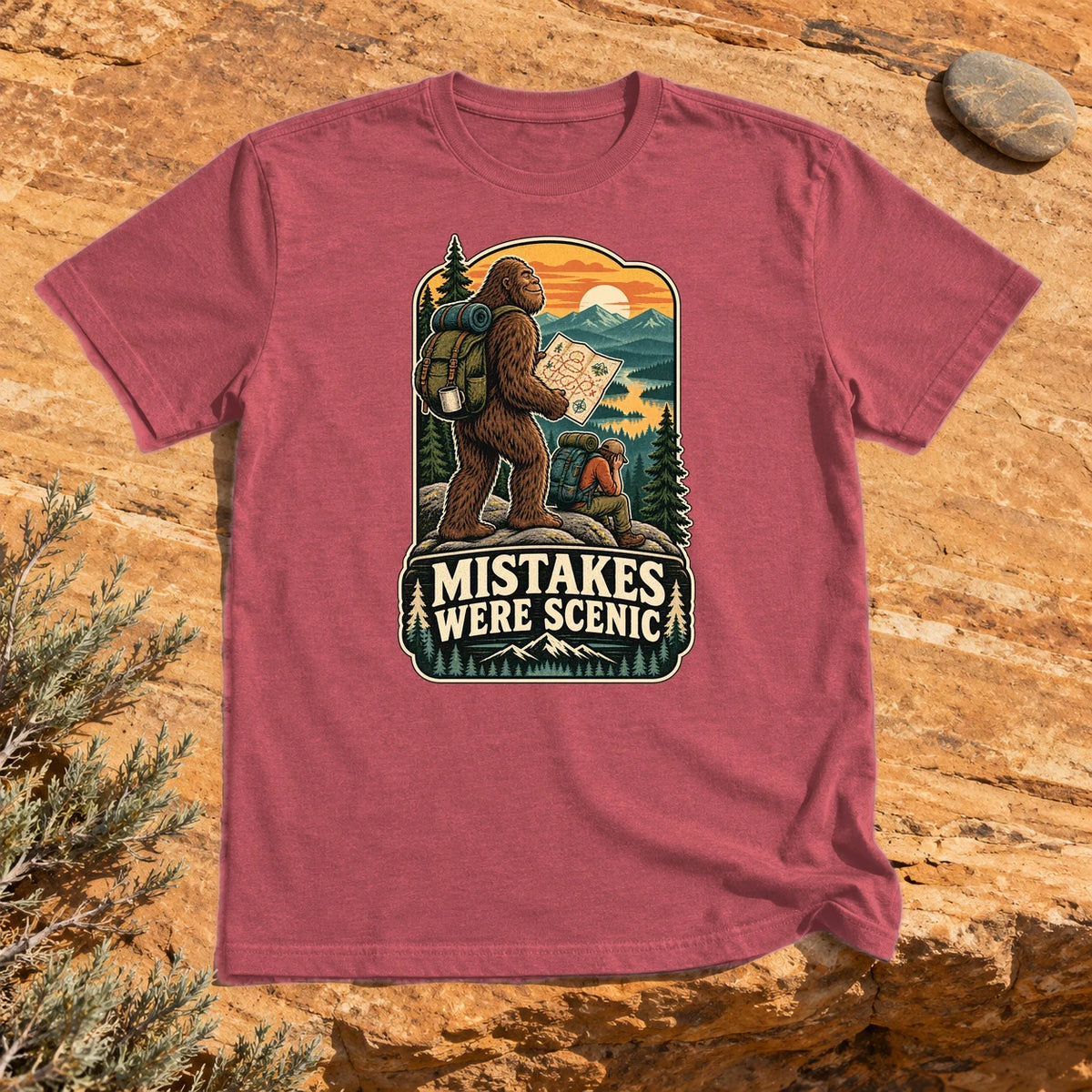 Mistakes Were Scenic Bigfoot Graphic Tee on Heather Red Everyday Soft Tee