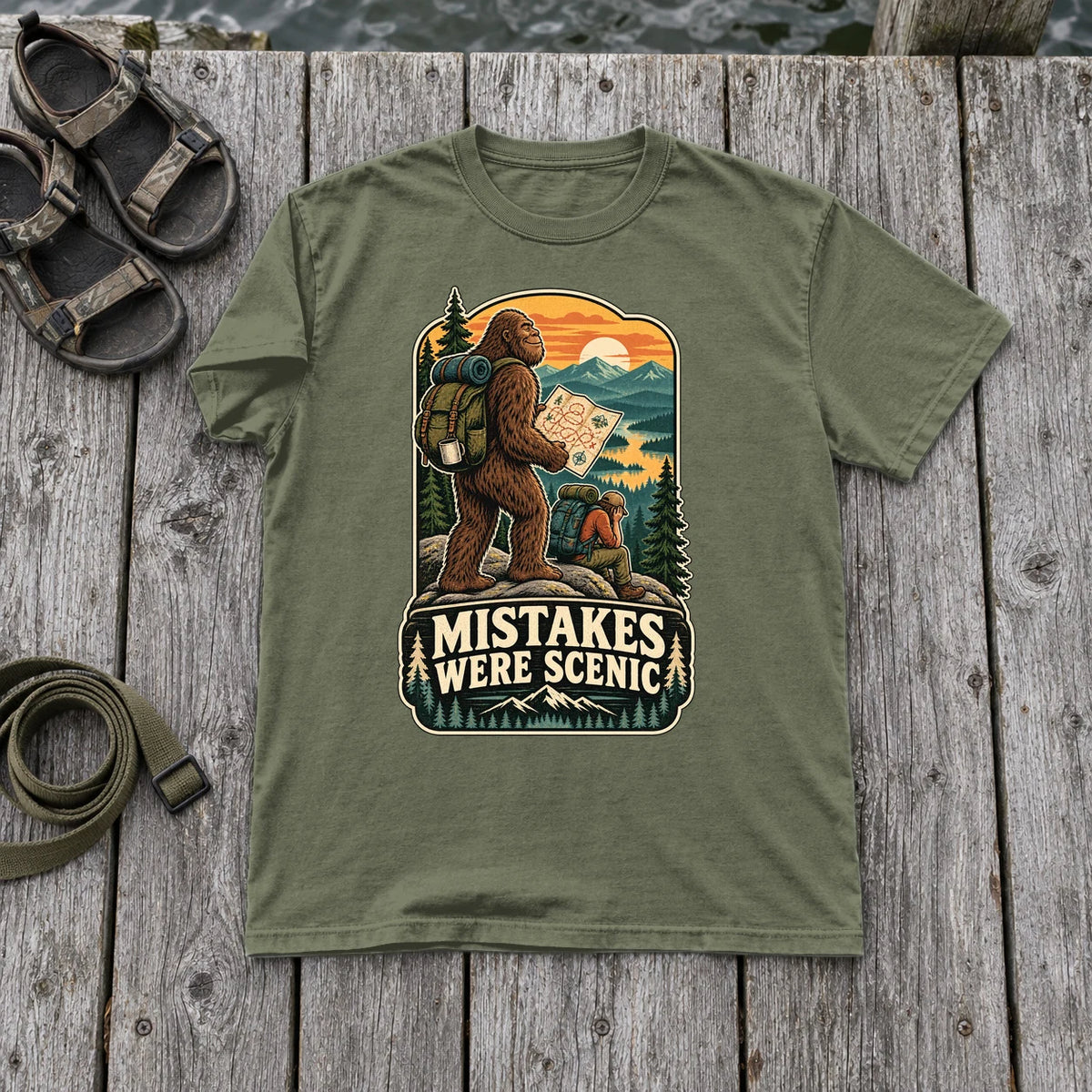 Mistakes Were Scenic Bigfoot Graphic Tee on Moss Premium Tee