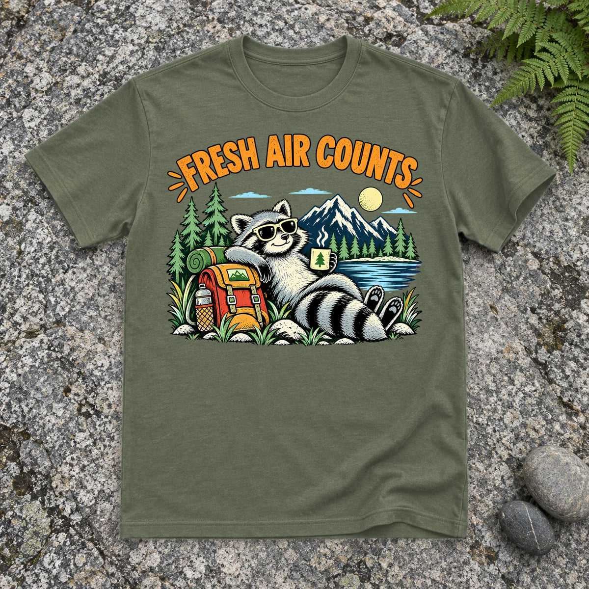 Fresh Air Counts Raccoon Graphic Tee on Military Green Everyday Soft Tee