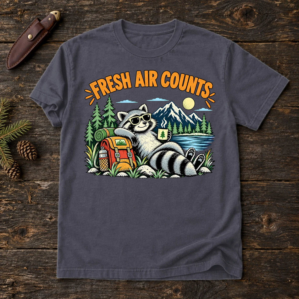 Fresh Air Counts Raccoon Graphic Tee on Navy Premium Tee