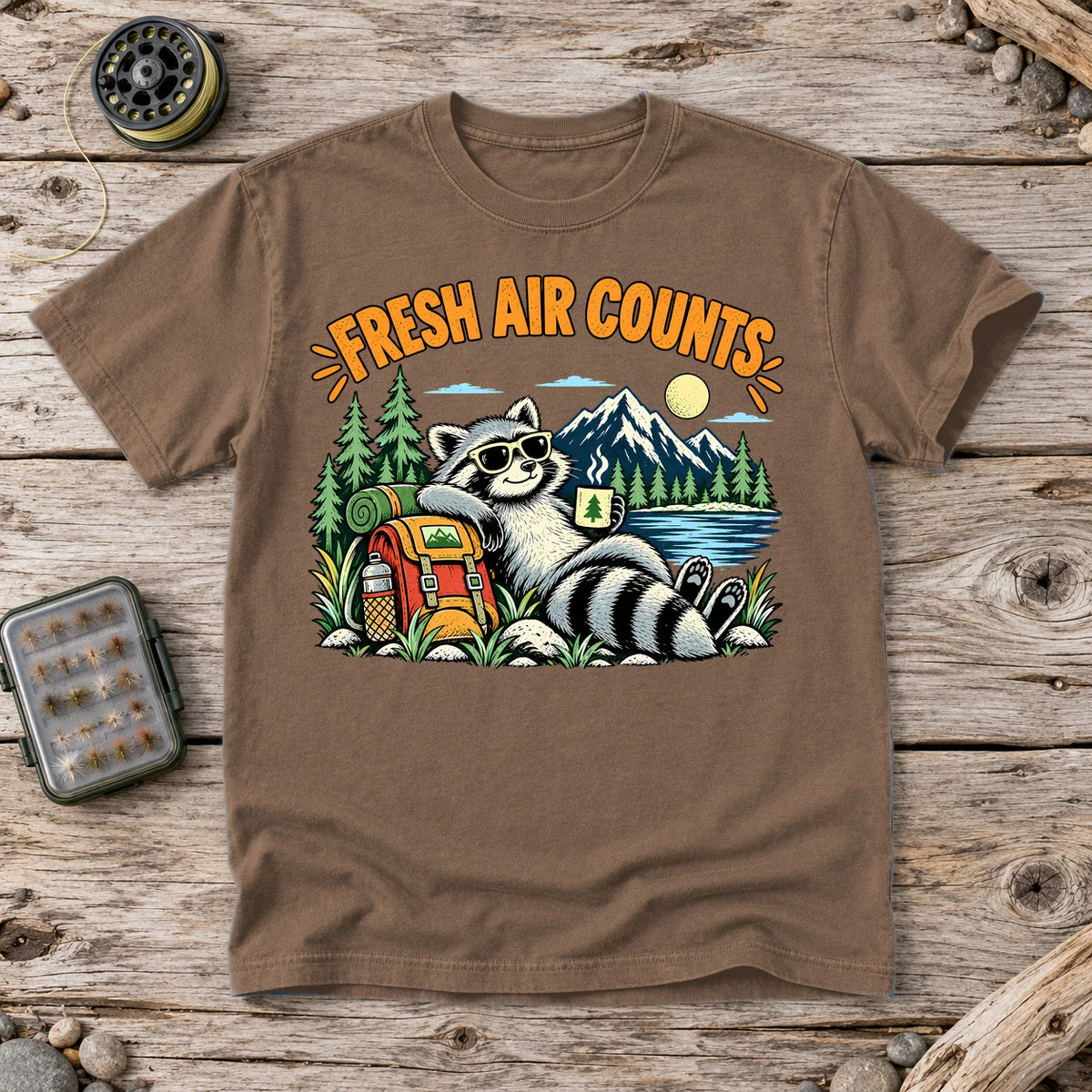 Fresh Air Counts Raccoon Graphic Tee on Espresso Premium Tee