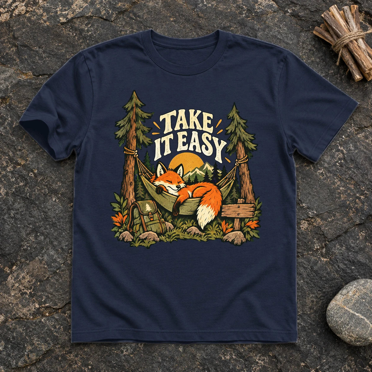 Take It Easy Camping Fox Graphic Tee on Navy Everyday Soft Tee