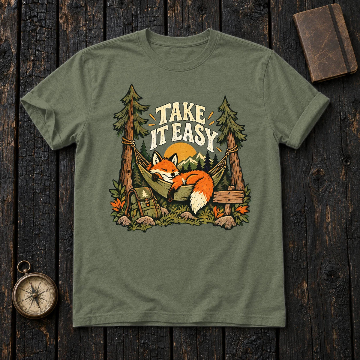 Take It Easy Camping Fox Graphic Tee on Military Green Everyday Soft Tee