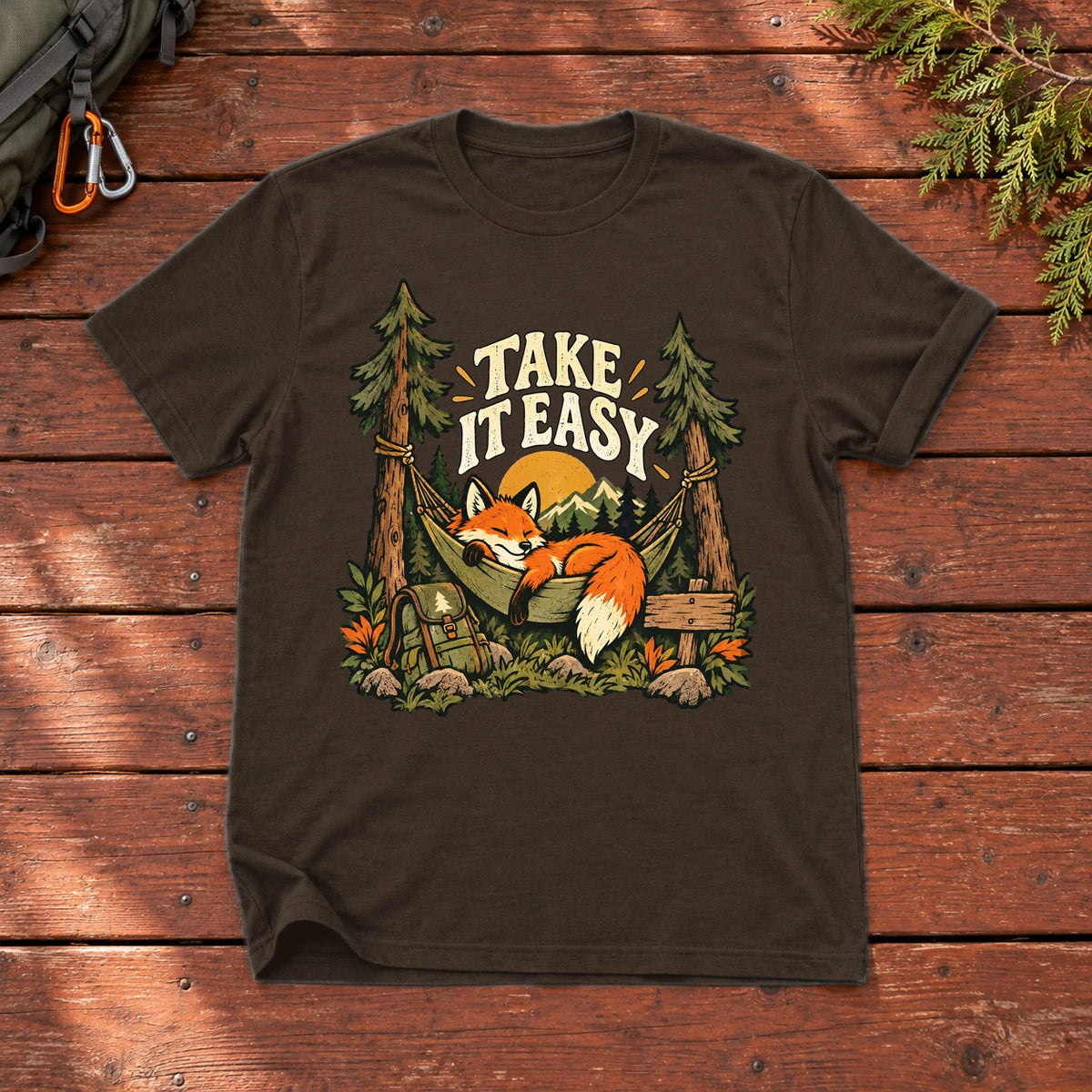 Take It Easy Camping Fox Graphic Tee on Dark Chocolate Everyday Soft Tee