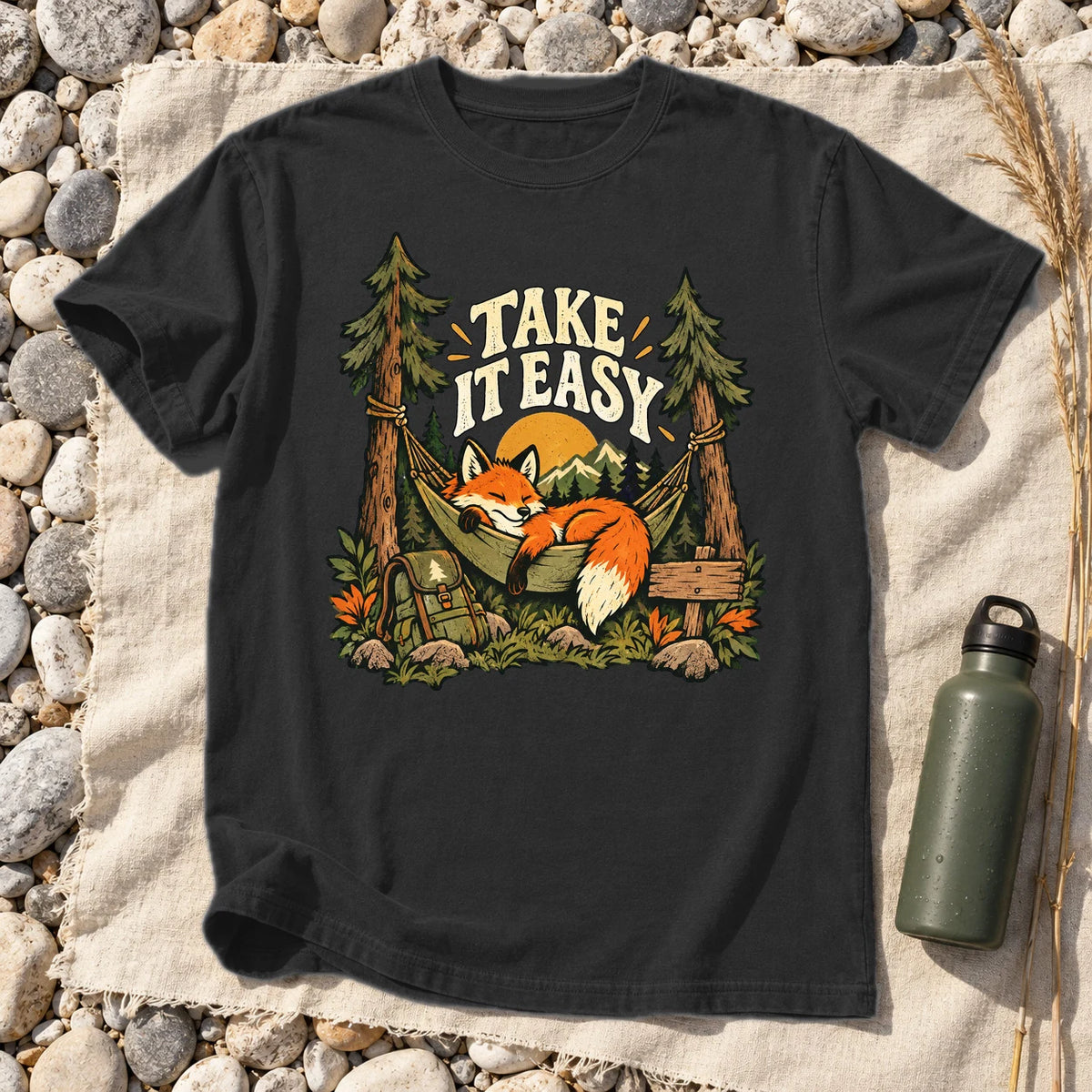 Take It Easy Camping Fox Graphic Tee on Black Premium Tee