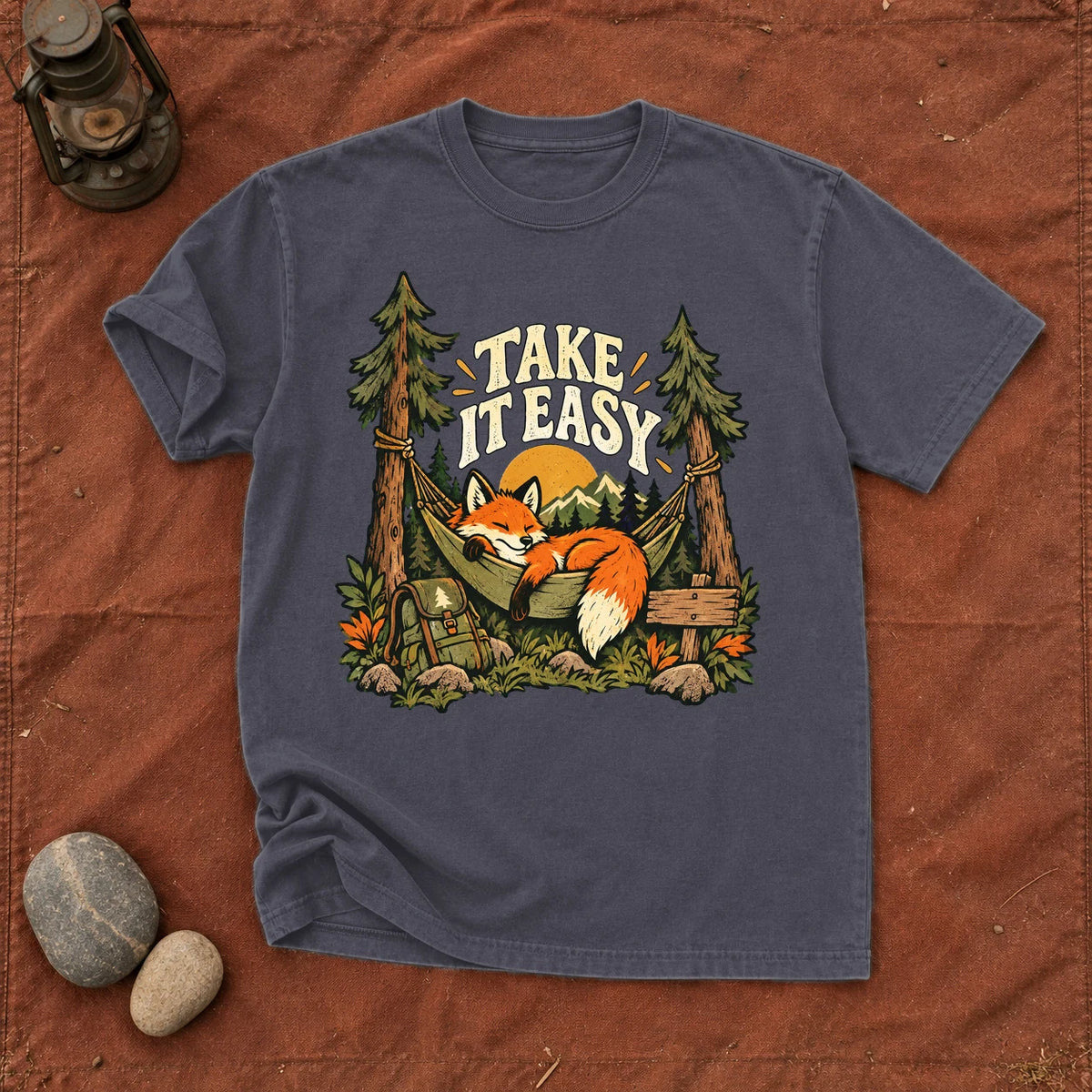 Take It Easy Camping Fox Graphic Tee on Navy Premium Tee