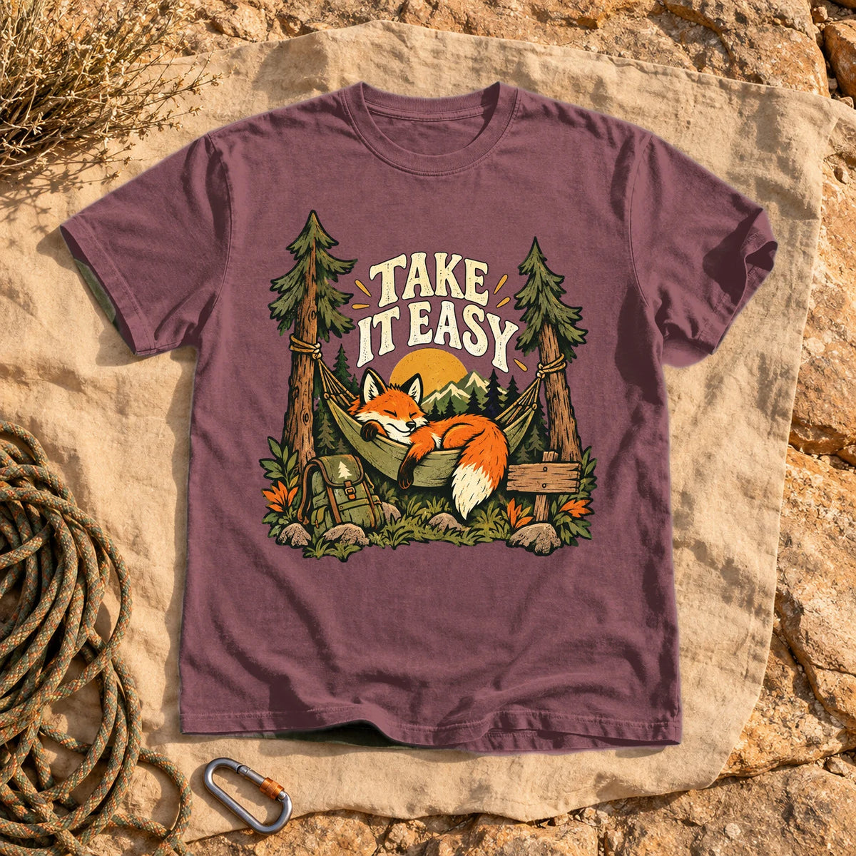 Take It Easy Camping Fox Graphic Tee on Brick Premium Tee