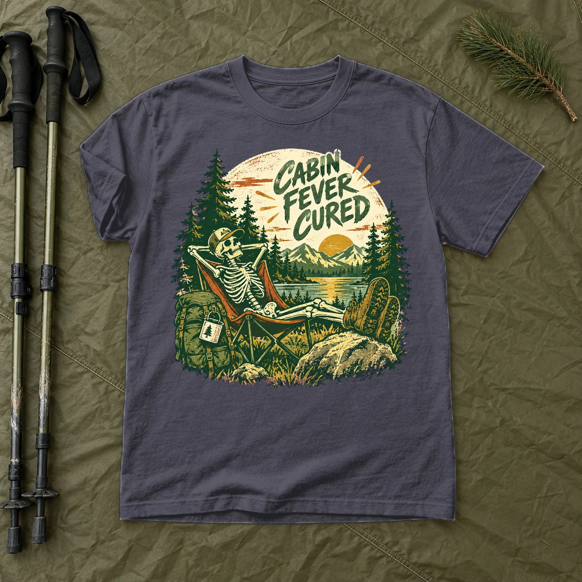 Cabin Fever Cured Skeleton Graphic Tee on Navy Premium Tee