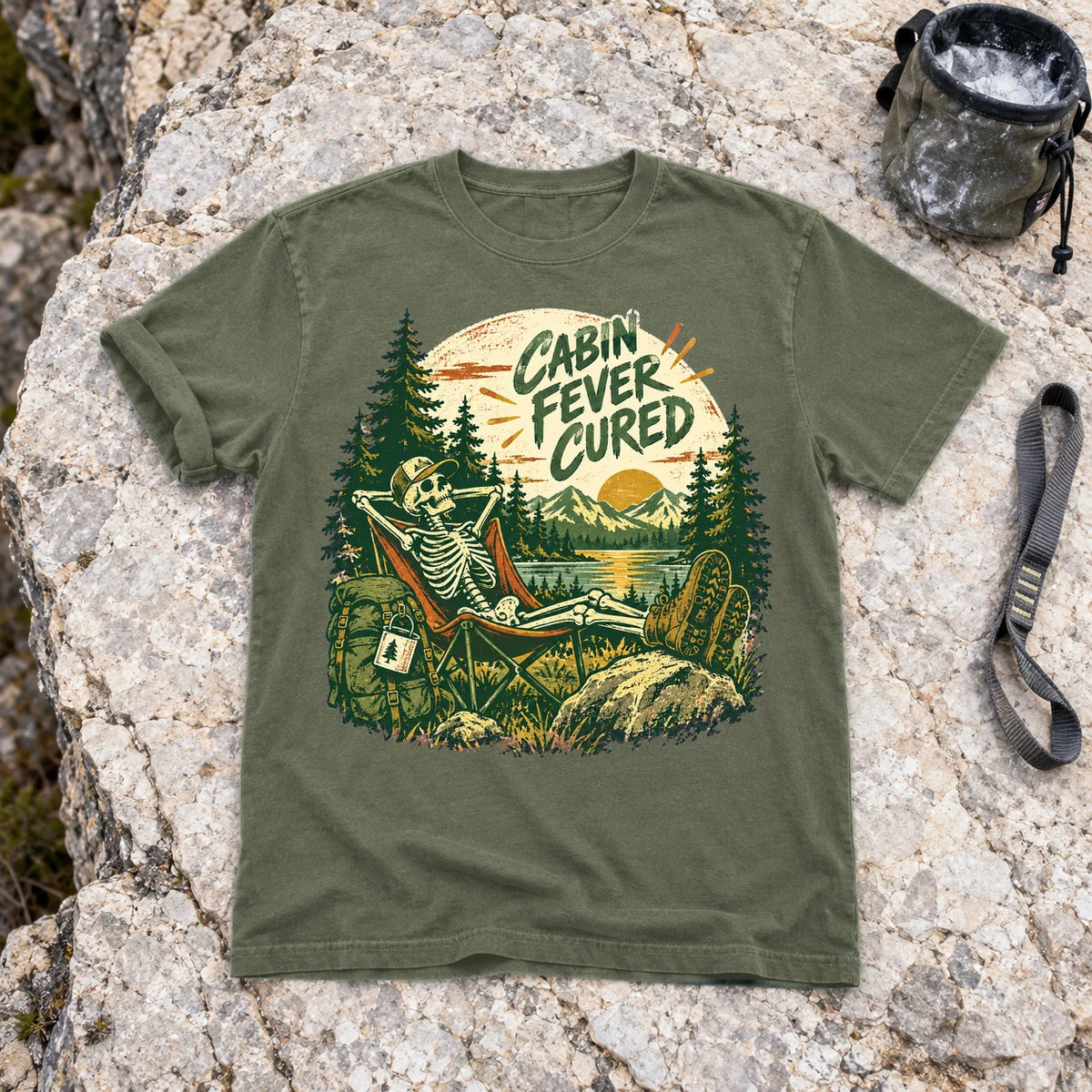 Cabin Fever Cured Skeleton Graphic Tee on Moss Premium Tee